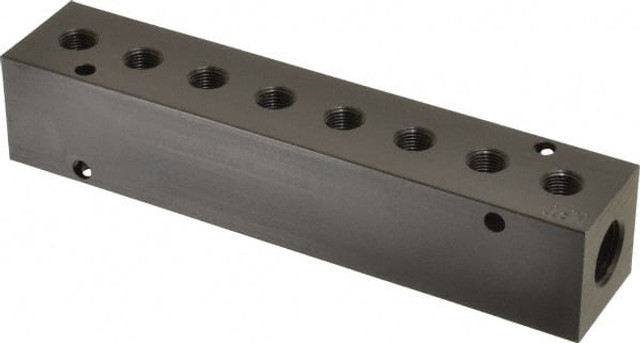 MSC PCM20-125-08B Manifold: 3/8" Inlet, 1/8" Outlet, 2 Inlet Ports, 8 Outlet Ports, 7.62" OAL, 1.25" OAW, 1-1/4" OAH