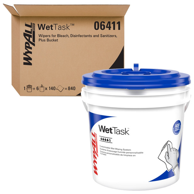 KIMBERLY-CLARK 06411 WypAll Critical Clean Wipers for Bleach, Disinfectants, and Sanitizers, WetTask Customizable Wet Wiping System, 12in x 6in, 140 Sheets Per Roll, Case Of 6 Rolls, 1 Bucket Included