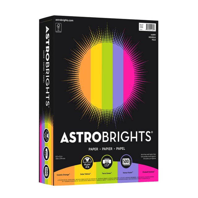 NEENAH PAPER INC 21289 Astrobrights Color Multi-Use Printer & Copy Paper, "Happy" Color Assortment, Letter (8.5in x 11in), 500 Sheets Per Ream, 24 Lb, 94 Brightness