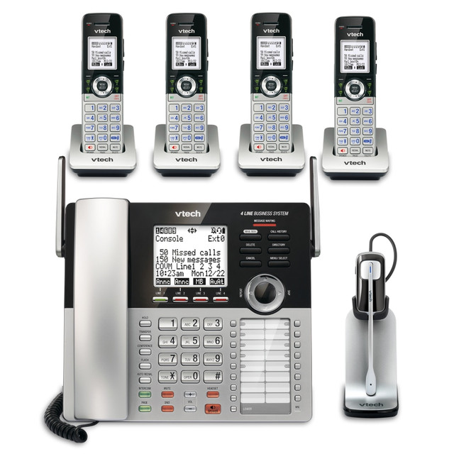 Expand your calling capabilities with this phone system, which offers expandable wired and wireless call options. The answering system and caller ID help you track missed and incoming calls, and DECT 6.0 technology makes it easy to link each component.  DECT 6.0 technology promotes crisp, clear call quality. 1-touch pairing between the console and the handsets and desksets makes wireless setup fast and simple.  4-line capability allows your business to make and take multiple calls simultaneously. Speed dial makes it easy to perform routine calls, and 4-party conferencing allows you to collaborate as a team.  Digital answering system features up to 180 shared minutes of incoming messages, outgoing announcements and memos.  Large digital displays make usage simple.  Call waiting and caller ID enable easy call management. Caller ID history stores up to 50 names and numbers, and the phonebook directory lets you save up to 100 contacts. Call waiting/caller ID service required from your local telephone company.  Full-duplex speakerphone allows you to work and talk at the same time. Headsets are compatible with Siri, S-Voice and Google Now, so you can connect them to your smartphone and chat from up to 500ft away.  Backed by the manufacturers 1-year limited warranty.  Phone system includes a main console (CM18445), 4 cordless handsets (CM18045) and a cordless headset (IS6200). Main console is expandable by up to 10 total stations (1 console and 9 desksets or handsets, sold separately).