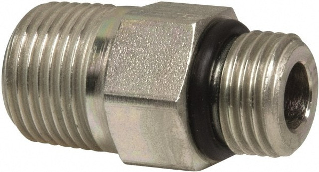 Parker 6-3/8 F5OF-S Industrial Pipe Adapter: 9/16-18 x 3/8" Male Thread, Male Straight Thread O-Ring x Male NPTF