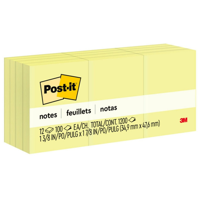 Cut through the clutter with the iconic Canary Yellow Post-it Notes. These sticky notes feature a unique adhesive designed for use on paper or in planners. Post-it Notes stick securely yet remove cleanly without damage. Keep your ideas across your notebooks, classroom books, calendars or other documents. No tape or tacks are needed with adhesive notes, saving you money and time on office products or school supplies. Ideal for writing notes or reminders to yourself or others, Post-it Notes are the perfect solution for time tracking, to-do lists, marking cables, color-coding documents, reminding kids to do chores, storyboarding and more. All Post-it Notes are sourced from certified, renewable and responsibly managed forests. You can also recycle them when they are no longer needed. Each sticky notes sheet is approximately 1 3/8 in x 1 7/8 in, with 12  pads per pack, 100 sheets per pad.  GET ORGANIZED: Each pack includes 12 pads of 1 3/8 in. x 1 7/8 in. notes, with 100 sheets per pad, great for your office, work area, or classroom  STICKY NOTES: Post-it Notes are versatile, perfect for calendars, planning, quick reminders, daily planners, visual aids, labeling, marking dates, bookmarks, and more  IDEAL FOR: Post-it Notes are the perfect solution for reminders, time tracking, to-do lists, marking cables, color-coding documents, reminding kids to do chores, storyboarding and more  NO SURFACE DAMAGE: Post-it Notes stick securely and remove cleanly; no tape or tacks are needed, and the adhesive backing of these reusable sticky notes allows for easy repositioning  VARIOUS SIZES AND SHAPES: Available in different sizes, with or without lines, to cater to your specific needs  EYE-CATCHING COLORS: Vibrant and colorful reminders are more likely to grab attention and be noticed  ICONIC CANARY YELLOW: The color that started it all  EXPLORE OUR COLLECTIONS: With 11 color collections, the Post-it Brand offers a wide range of options to suit every style and preference, whether at home, in school, or at the office  AMERICAs #1 FAVORITE STICKY NOTE: You are more likely to achieve your goals when you write them down  ORIGINAL CREATOR: Made in the USA with globally sourced materials, the one and only Post-it Note was originally created by Post-it Brand  RECYCLABLE: All Post-it Notes are sourced from certified, renewable and responsibly managed forests; also, Post-it Notes are recyclable