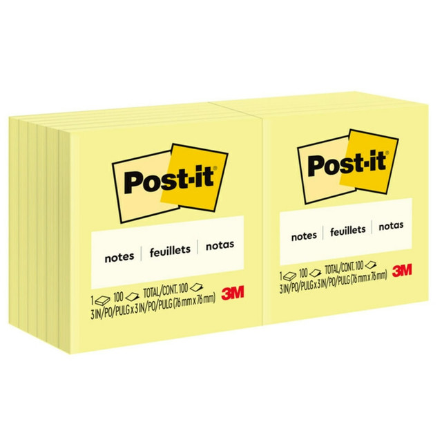 3M CO 654 Post-it Notes, 3 in x 3 in, 12 Pads, 100 Sheets/Pad, Clean Removal, Canary Yellow