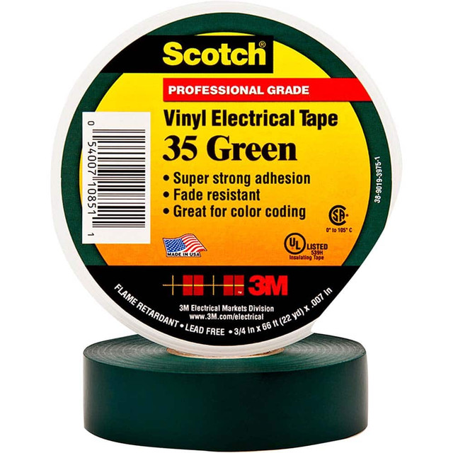 3M 7000132639 Electrical Tape: 1/2" Wide, 20' Long, 7 mil Thick, Green