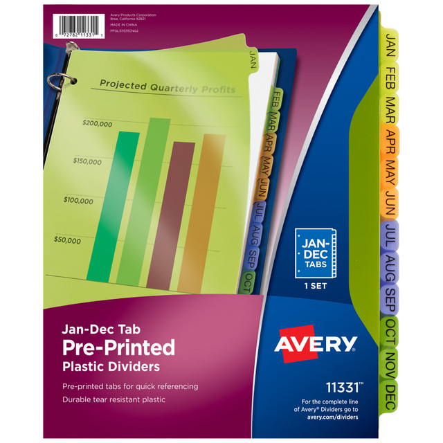 AVERY PRODUCTS CORPORATION 11331 Avery Preprinted Tab Plastic Dividers, 8 1/2in x 11in, Jan-Dec Tabs, Multicolor, Set Of 12 AVERY PRODUCTS CORPORATION 11331 Avery Preprinted Tab Plastic Dividers, 8 1/2in x 11in, Jan-Dec Tabs, Multicolor, Set Of 12