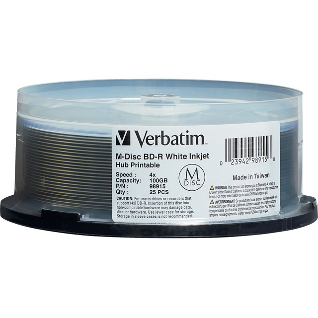VERBATIM AMERICAS LLC Verbatim 98915  Blu-ray Recordable Media - BD-R - 4x - 100 GB - 25 Pack Spindle - 25pk Spindle