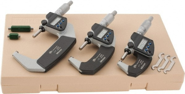 Mitutoyo 293-960-30 0 to 3" Range, 0.001mm Resolution, IP65, 3 Piece Electronic Outside Micrometer Sets