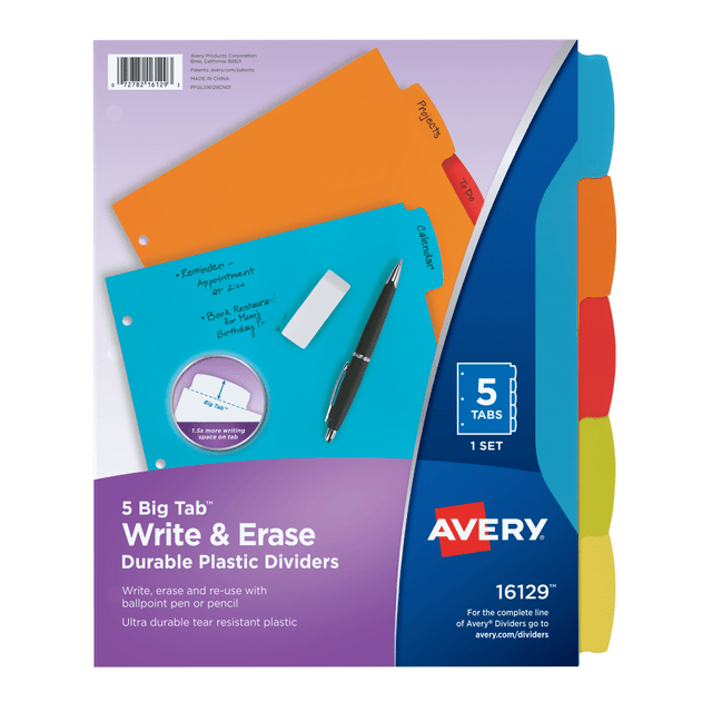 AVERY PRODUCTS CORPORATION 16129 Avery Big Tab Write & Erase Durable Plastic Dividers, 8 1/2in x 11in, Multicolor Brights, 5-Tab AVERY PRODUCTS CORPORATION 16129 Avery Big Tab Write & Erase Durable Plastic Dividers, 8 1/2in x 11in, Multicolor Brights, 5-Tab