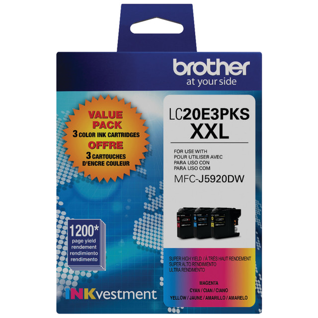 BROTHER INTL CORP Brother LC20E3PKS  LC20E Cyan; Magenta; Yellow Super-High-Yield Ink Cartridges, Pack Of 3, LC20E3PKS