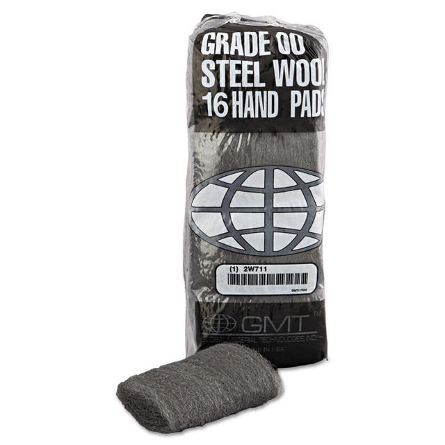 GLOBAL MATERIAL TECHNOLOGIES GMT 117002 Industrial-Quality Steel Wool Hand Pads, #00 Very Fine, Steel Gray, 16 Pads/Sleeve, 12/Sleeves/Carton