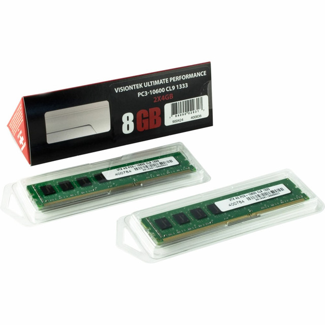 VISIONTEK 900424  2 x 4GB PC3-10600 DDR3 1333MHz 240-pin DIMM Memory Module - For Desktop PC - 8 GB (2 x 4GB) - DDR3-1333/PC3-10600 DDR3 SDRAM - 1333 MHz - CL9 - 1.50 V - Non-ECC - Unbuffered - 240-pin - DIMM - Lifetime Warranty