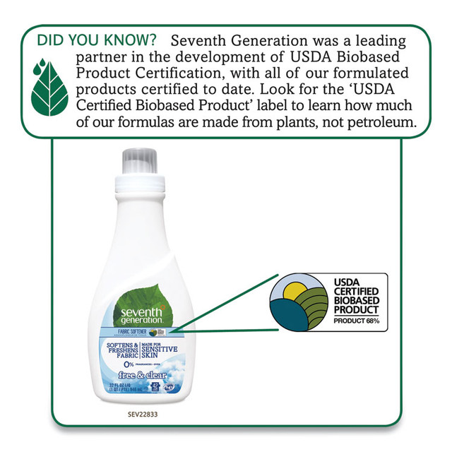 SEVENTH GENERATION 22833 Natural Liquid Fabric Softener, Free and Clear, 42 Loads, 32 oz Bottle, 6/Carton