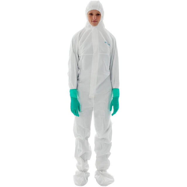 BioClean BDFC-XXXXL Disposable & Chemical Resistant Coveralls; Size: 4X-Large ; Cuff Style: Elastic with Thumb-loop ; Ankle Style: Boots ; Hazardous Protection Level: Splash Protection ; Hazardous Protection: Yes ; Color: White