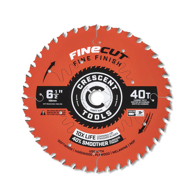 Crescent CSBFF-640 Wet & Dry Cut Saw Blade: 6-1/2" Dia, 5/8" Arbor Hole, 0.063" Kerf Width, 40 Teeth