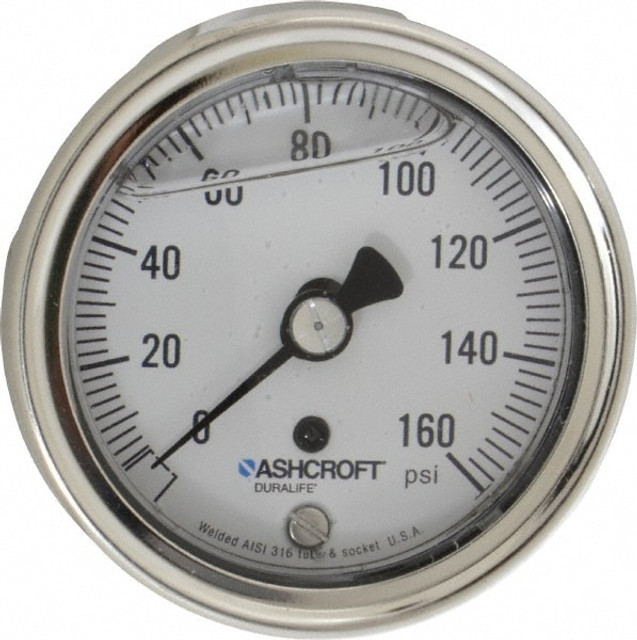 Ashcroft 94906 Pressure Gauge: 2-1/2" Dial, 0 to 160 psi, 1/4" Thread, NPT, Lower Back Mount