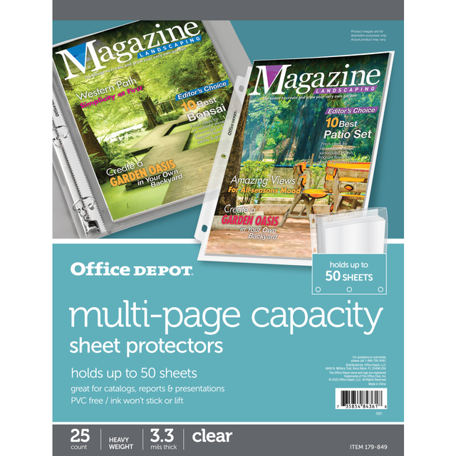OFFICE DEPOT 179849 Brand Multi-Page Capacity Sheet Protectors, 50-Sheet Capacity, 8-1/2in x 11in, Clear, Pack Of 25 OFFICE DEPOT 179849 Brand Multi-Page Capacity Sheet Protectors, 50-Sheet Capacity, 8-1/2in x 11in, Clear, Pack Of 25