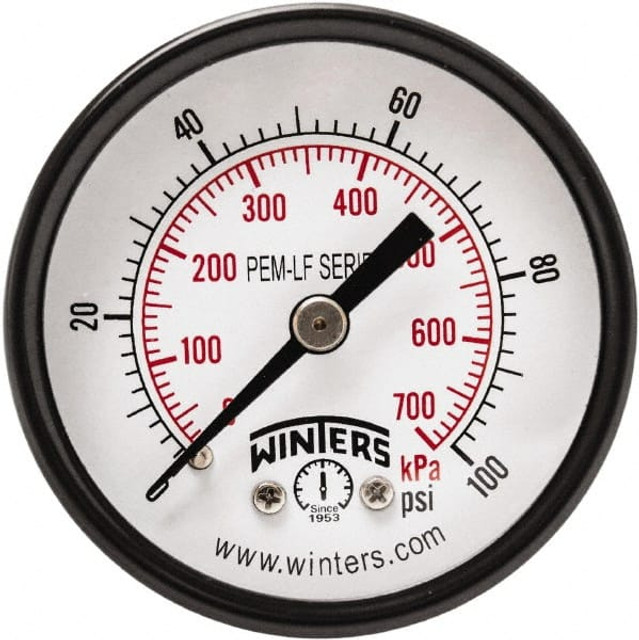 Winters PEM1407LF Pressure Gauge: 2" Dial, 1/4" Thread, NPT, Center Back Mount