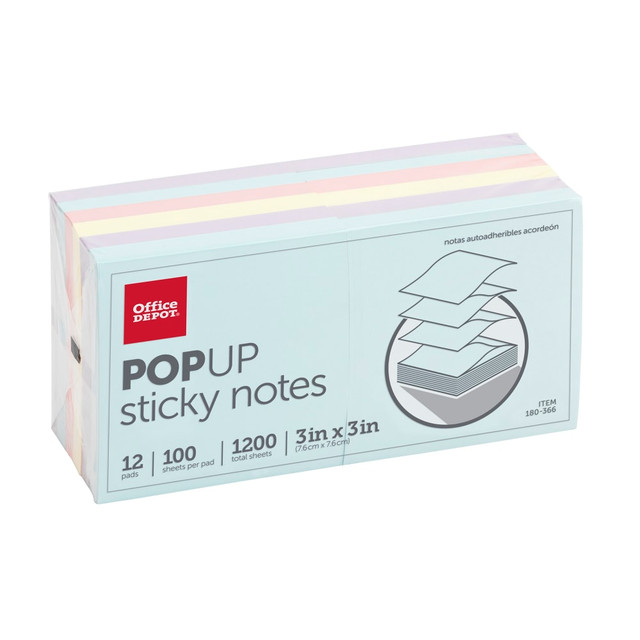 OFFICE DEPOT 21395-PSTL  Brand Pop Up Sticky Notes, 3in x 3in, Assorted Pastel Colors, 100 Sheets Per Pad, Pack Of 12 Pads