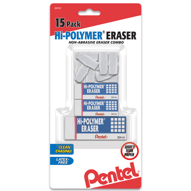 PENTEL OF AMERICA, LTD. Pentel ZEH0251BP15  Hi-Polymer Eraser Combo Pack, White, Pack Of 15
