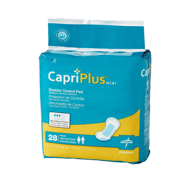 MEDLINE INDUSTRIES, INC. BCPE02 Medline Capri Plus Bladder Control Pad Incontinent Liners, Extra Plus, 6 1/2in x 13 1/2in, White, Case Of 28