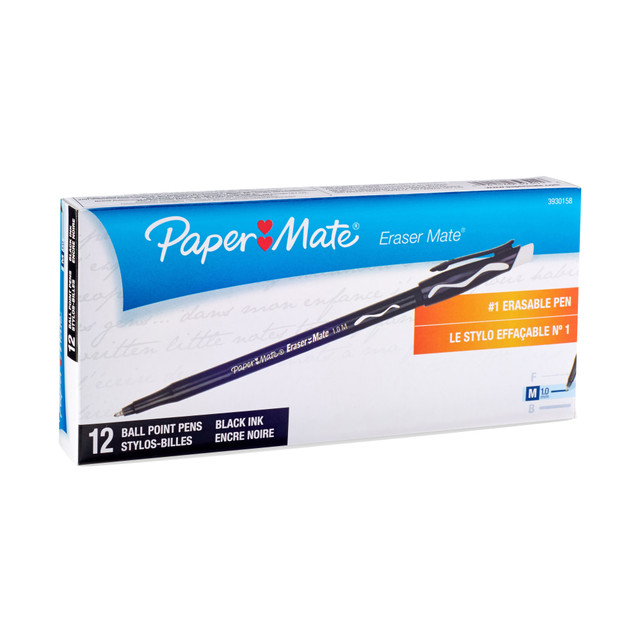 SANFORD LP 3930158 Paper Mate Erasermate Ballpoint Pens, Medium Point, Black Barrel, Black Ink, Pack Of 12 Pens