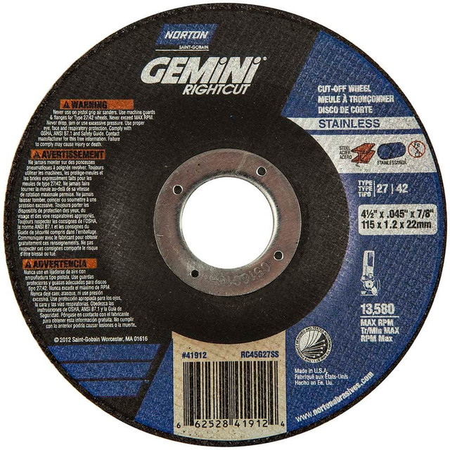 Norton 66252841912 Depressed Grinding Wheel:  Type 27 & Type 42,  4-1/2" Dia,  7/8" Hole,  Aluminum Oxide