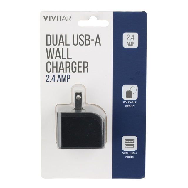 Charge 2 devices at once with the Vivitar Dual USB-A Wall Charger. The foldable prongs allow for easy packing and travel.  Charges 2 devices at the same time.  Compatible with any standard USB-A cable (not included).  Foldable prongs for travel.  2.4 amp.