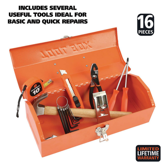 GREAT NECK SAW MFG. CTB9 16-Piece Light-Duty Office Tool Kit, Metal Box, Red