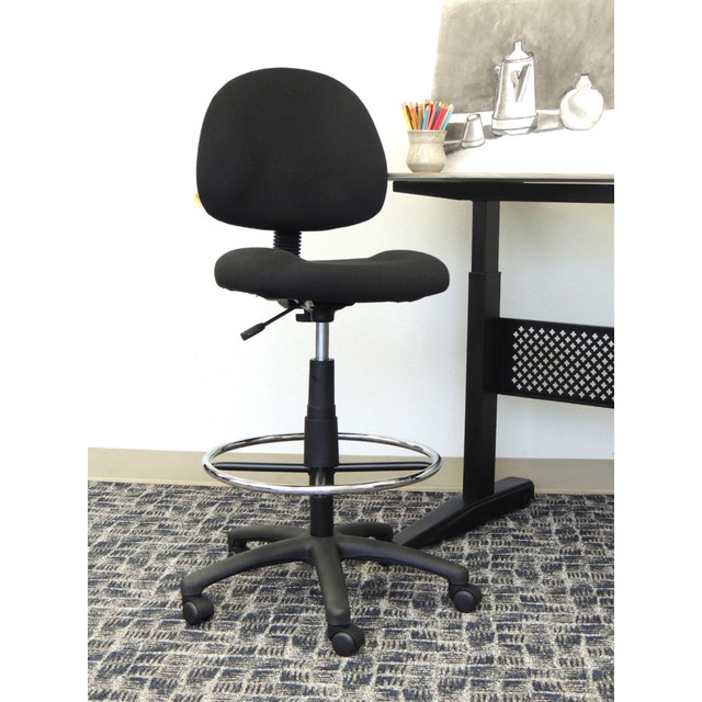 Sit comfortably at your workstation with this Boss drafting stool. The contoured seat and backrest help ease stress on your body throughout the day, and the height adjustment helps you achieve a comfortable level at your desk. Thanks to the heavy-duty casters, its easy to maneuver around your workstation as you go from task to task.  Polyester upholstery with a soft, flexible texture.  Contoured seat and backrest.  Pneumatic seat-height adjustment.  Euro-style nylon base with hooded, double-wheel casters.  20in round, metal foot ring.  Assembly required.  Boss drafting stool comes in black/chrome.  Tested to meet ANSI/BIFMA Performance Standards - Manufacturer testing has been conducted on this product to meet specific performance requirements and safety standards set forth by the American National Standards Institute (ANSI) and the Business and Institutional Furniture Manufacturers.  Antimicrobial is an agent that kills microorganisms or stops their growth.