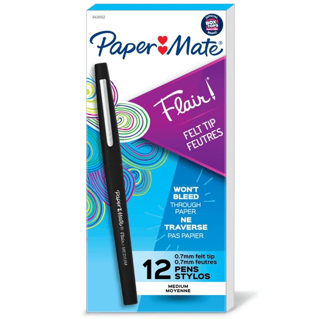 NEWELL BRANDS INC. Paper Mate 84301  Flair Porous-Point Pens, Medium Point, 0.7 mm, Black Barrel, Black Ink, Pack Of 12 Pens