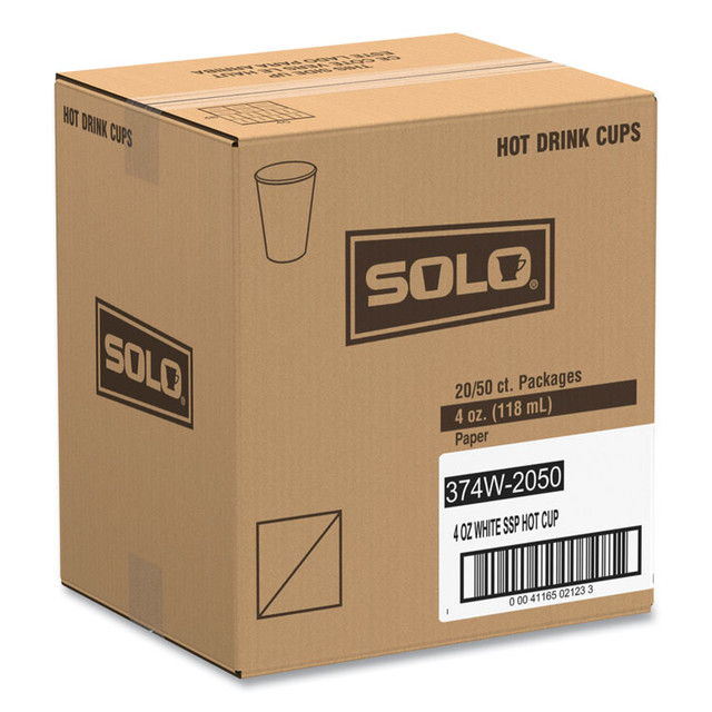 DART SOLO® 374W-2050 Single-Sided Poly Paper Hot Cups, 4 oz, White, 50 Bag, 20 Bags/Carton