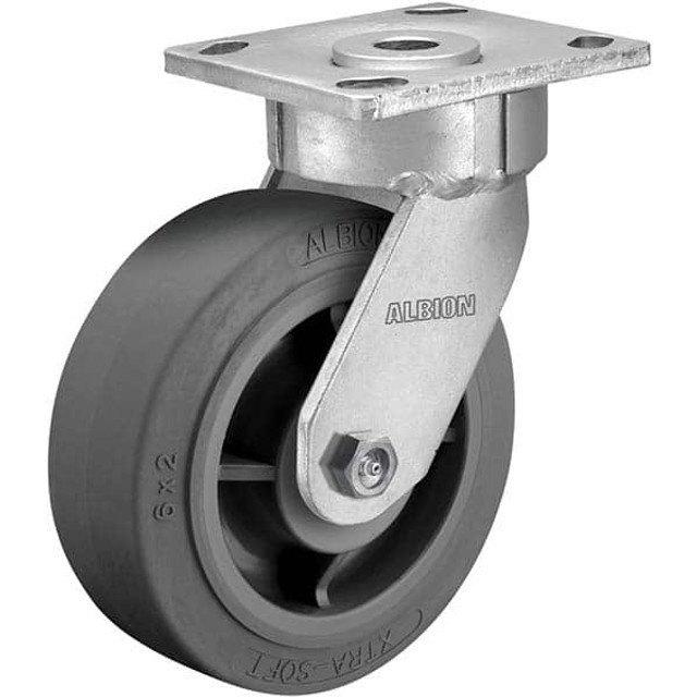 Albion 18XS05229S Swivel Top Plate Caster: Soft Rubber, 5" Wheel Dia, 2" Wheel Width, 375 lb Capacity, 6-1/2" OAH