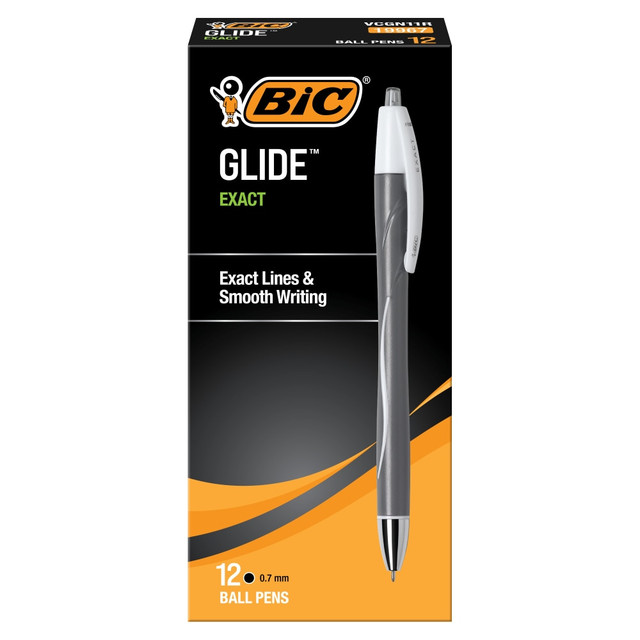 Experience ultra smooth writing with BIC Glide Retractable Ballpoint Pens (formerly BIC Atlantis Pen). These 1.6mm medium point BIC ballpoint pens are great for everyday writing at work, school or home for all of your writing needs. With ultra smooth writing, they're the ideal BIC ball point pens for writing lists, taking notes, journaling and more. BIC Glide Retractable Ballpoint Pens are a smart choice for school supplies. Write easily with these retractable ballpoint pens, which have a comfortable rubber grip. Plus, the clip easily attaches to pockets, notebooks and more for quick access to your BIC Ballpoint pen on the go. Designed for convenience, BIC ballpoint pens let you start writing with just one click. Every pen in this BIC pens pack has a rubber grip for your comfort. Looking for reliable pens for school or office supplies? Choose BIC Glide Retractable Ballpoint Pens for a high-quality, affordable product you can trust.  Everyday, smooth-click retractable BIC ballpoint pen  Each BIC ballpoint pen has rubber grip for comfort and control  Convenient retractable BIC ballpoint pen for easy one-click operation  Sleek retractable BIC ballpoint pen ideal for long writing sessions  BIC Glide ballpoint pens are available in 0.7mm, 1.0mm and 1.6mm point sizes  Exact retractable pens in black for dark marks.  Refillable - designed to be used repeatedly, helping you avoid single-use disposables and potentially save money.