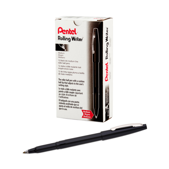The exclusive Cushion Ball Tip of these Rolling Writer pens adjusts to each users writing style, offering comfort and efficiency. Pentel pens with quick-drying ink help you keep your writing looking as it should.  Tip fine tunes, depending on your pressure. For a clean, consistent line - all the time. The sturdy tip applies ink with the smoothness of a fountain pen and the firmness of a ballpoint. Its strong enough to penetrate carbons!  0.8 mm medium point for accurate, fine lines. The 0.8 mm point lays down razor-sharp lines of rich, vivid liquid ink.  Fast-drying ink resists smearing. Velvety liquid ink glides across the page but dries before your hand has a chance to smudge it!  Sleek design - a pleasure to hold. The shiny barrel is contoured for a more natural feel in your fingers. Sure locking cap protects the tip and includes a handy metal pocket clip.  Nonrefillable.  Medium-point, black-ink pens offer striking lines.