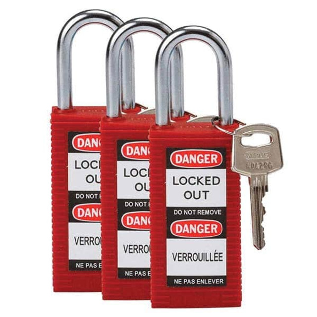 Brady 123414 Lockout Padlock: Keyed Alike, Key Retaining, Nylon, Nylon Shackle, Red