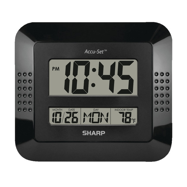 This Sharp clock features a clear digital display for a quick and easy read. This auto time set wall clock displays the time, month, date, day of the week and the indoor temperature.  Wall clock with split screen displays. Displays Time, Month, Date, Day of the Week and indoor temperature.  Uses sharp Accu-Set to set itself to correct time and date.  Operates on 2 AA batteries (not included).  Digital wall clock measures 8in x 7in and comes in black.