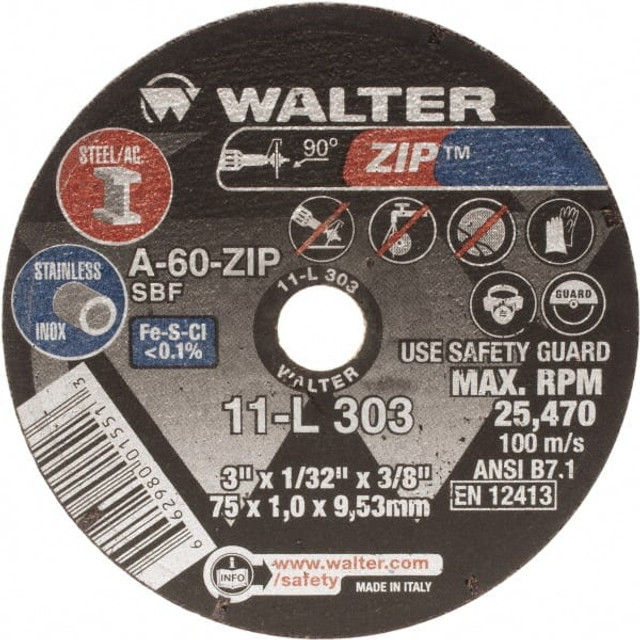 WALTER Surface Technologies 11L303 Cut-Off Wheel: Type 1, 3" Dia, 1/32" Thick, 3/8" Hole, Aluminum Oxide