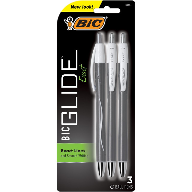 BIC CORP VCGNP31-BLK BIC Glide Exact Retractable Ballpoint Pens, Fine Point, 0.7 mm, Gray Barrel, Black Ink, Pack Of 3 Pens