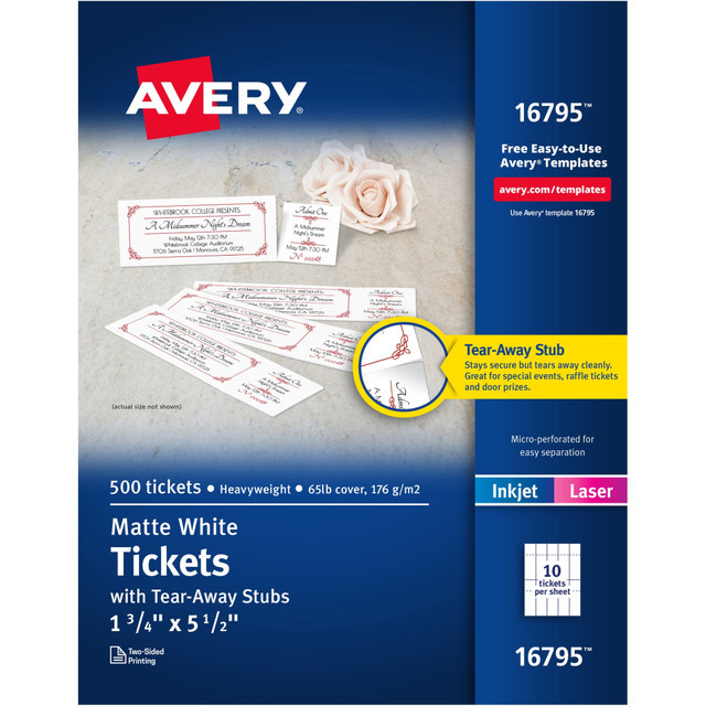 AVERY PRODUCTS CORPORATION 16795 Avery Tear-Away Stubs Matte Printable Tickets - White - 500/Pack