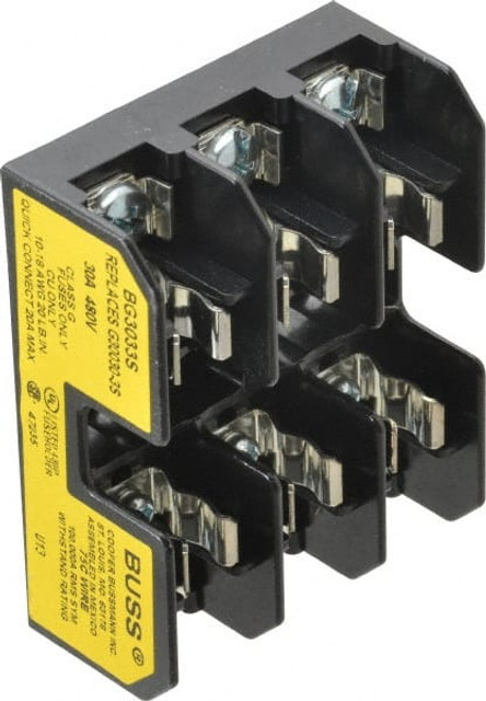 Cooper Bussmann BG3033S 3 Pole, 10 to 14 AWG, 480 VAC/VDC, 30 Amp, DIN Rail Mount Fuse Block