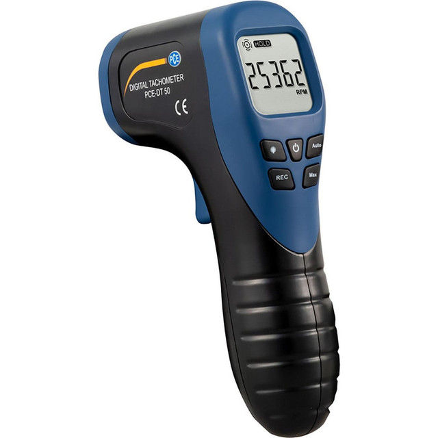 PCE Instruments PCE-DT 50 Tachometers; Tachometer Type: Digital Display; Laser Tachometer; Non-Contact; Minimum Measurement (RPM): 2.5 prm; Maximum Measurement (RPM): 99999 rpm; Minimum Target Distance: 50 mm; Maximum Target Distance: 500 mm; Accurac