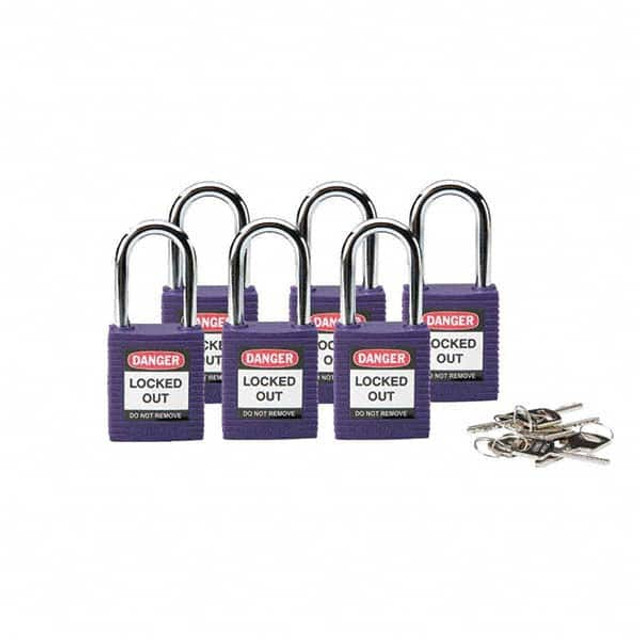 Brady 118952 Lockout Padlock: Keyed Alike, Key Retaining, Nylon, Nylon Shackle, Purple
