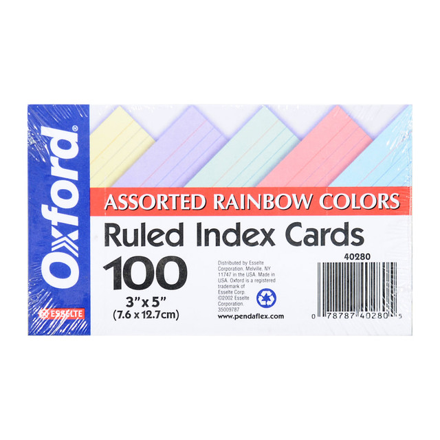 ESSELTE CORP 40280 Oxford Index Cards, Ruled, 3in x 5in, Assorted Pastels, Pack Of 100