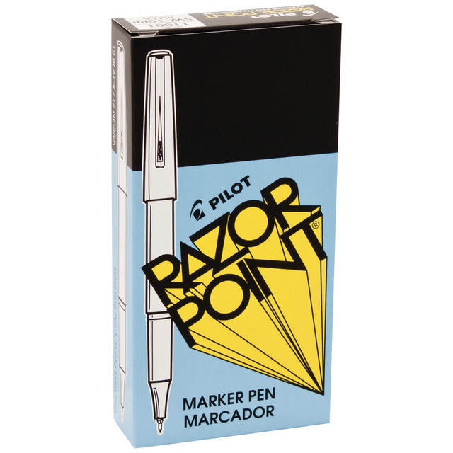 Featuring a reinforced fiber tip for writing extra-fine lines, these Pilot felt-tip pens are great for work that requires accurate, precise placement.  Pilot Razor Point pens have an extra-fine fiber tip thats reinforced for reliably precise lines. Protective metal sleeve houses the tip for durability.  Steady liquid ink flow for smooth writing.  Includes a pocket clip for convenient attachment to your pocket, notebook, binder or other nearby items.  Extra-fine-point pen can be used on most surfaces.  Pilot extra-fine-point pens have a sure-click cap that helps prevent the ink from drying out.  Nonrefillable.  Razor Point pens with black ink are great for everyday writing tasks.