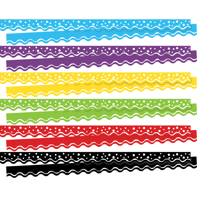 These scalloped border strips will help you create an exciting, colorful classroom display. Surround your bulletin boards, cubicles or reading area with them for an eye-catching appearance.  Mix and match them! Set includes 6 coordinating designs, with 13 strips in each style.  Thirteen 2 1/4in x 36in strips for a total of 39ft of borders. Enough for the whole room.  These borders are appropriate for most grade levels, from Pre-K to college classrooms.