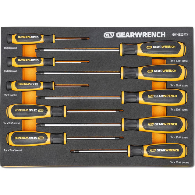 GEARWRENCH GWMSSCRTX Screwdriver Sets; Screwdriver Types Included: Torx ; Container Type: Foam Module ; Hex Size: 0 ; Tether Style: Not Tether Capable ; Finish: Black Oxide ; Number Of Pieces: 10