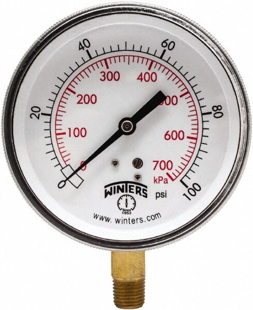 Winters P9S90223 Pressure Gauge: 3-1/2" Dial, 1/4" Thread, NPT, Bottom Mount