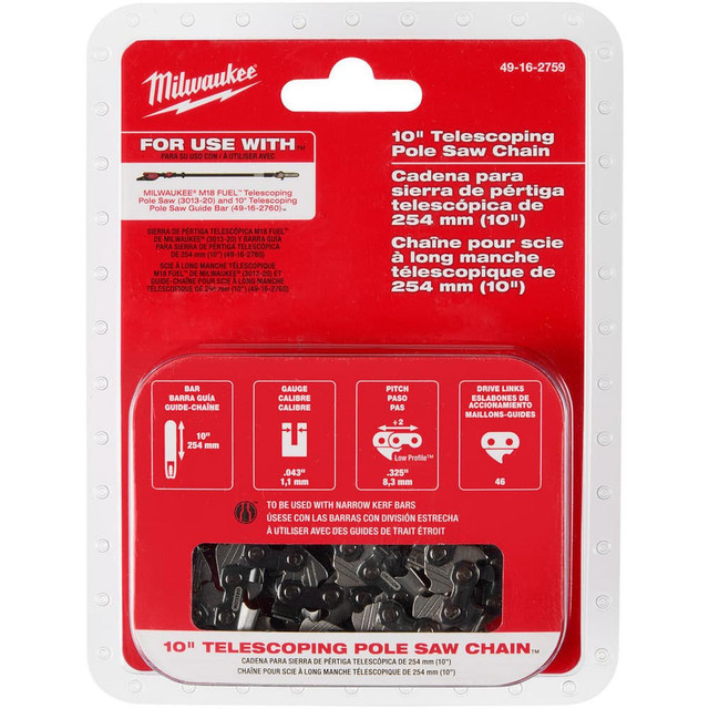 Milwaukee Tool 49-16-2759 Power Lawn & Garden Equipment Accessories; Accessory Type: Pole Saw Chain ; For Use With: Milwaukee. M18 FUEL Telescoping Pole Saw ; Material: Steel ; Length (Inch): 15 in ; Overall Width: 0in ; Overall Height: 0.625in
