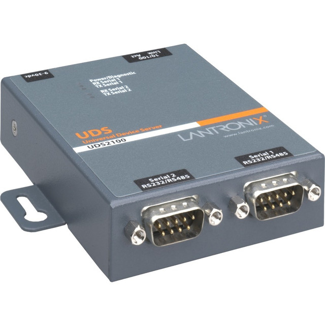 TRANSITION NETWORKS Lantronix UD2100001-01  2 Port Serial (RS232/ RS422/ RS485) to IP Ethernet Device Server - US Domestic 110 VAC - Convert from RS-232; RS-485 to Ethernet using Serial over IP technology; Wall Mountable; Rail Mountable; Two DB-9 Ser