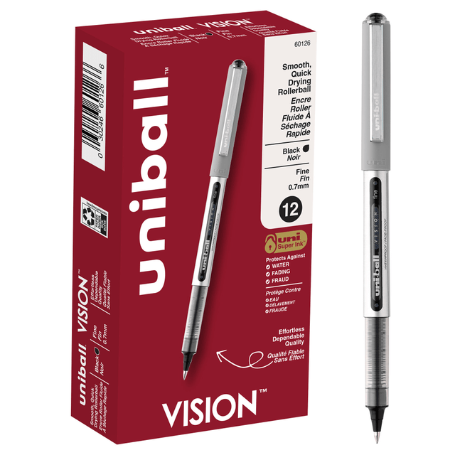 NEWELL BRANDS INC. 60126 uni-ball Vision Rollerball Pens, Fine Point, 0.7 mm, Gray Barrel, Black Ink, Pack Of 12 NEWELL BRANDS INC. 60126 uni-ball Vision Rollerball Pens, Fine Point, 0.7 mm, Gray Barrel, Black Ink, Pack Of 12